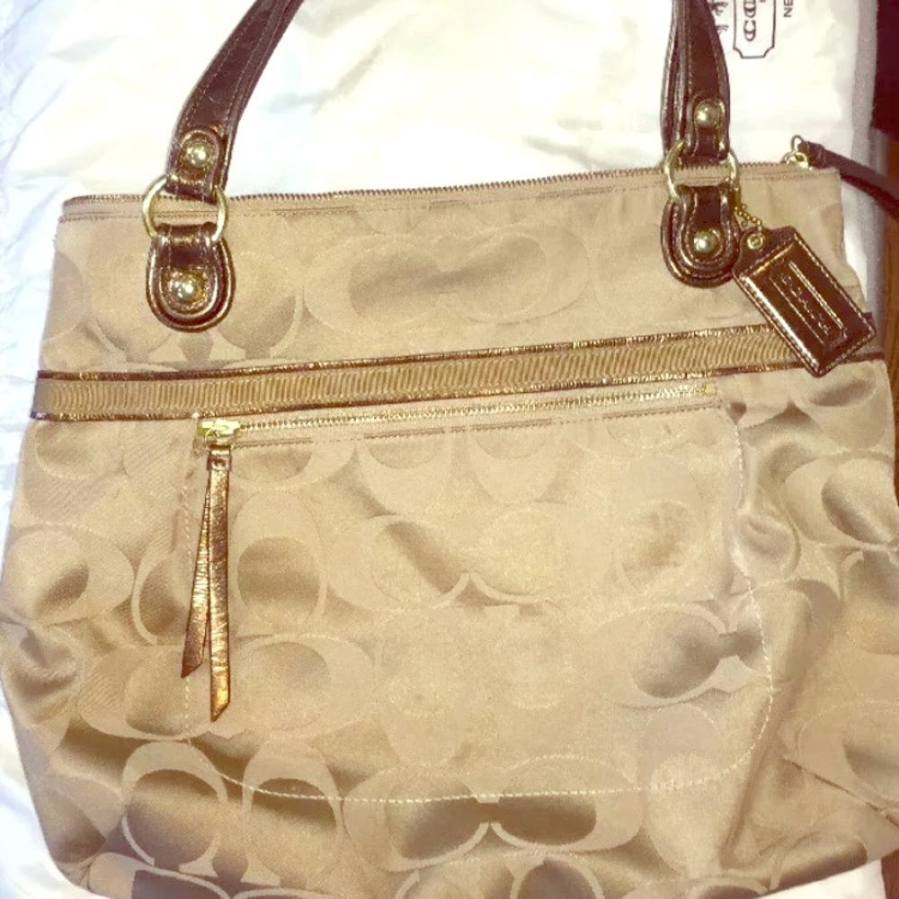 COACH Poppy Sateen Glam Khaki & Bronze XL Tote